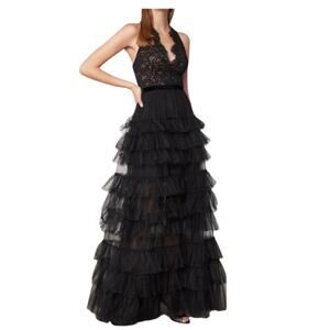 BCBGMAXAZRIA Lace Ruched-Tulle Gown 0